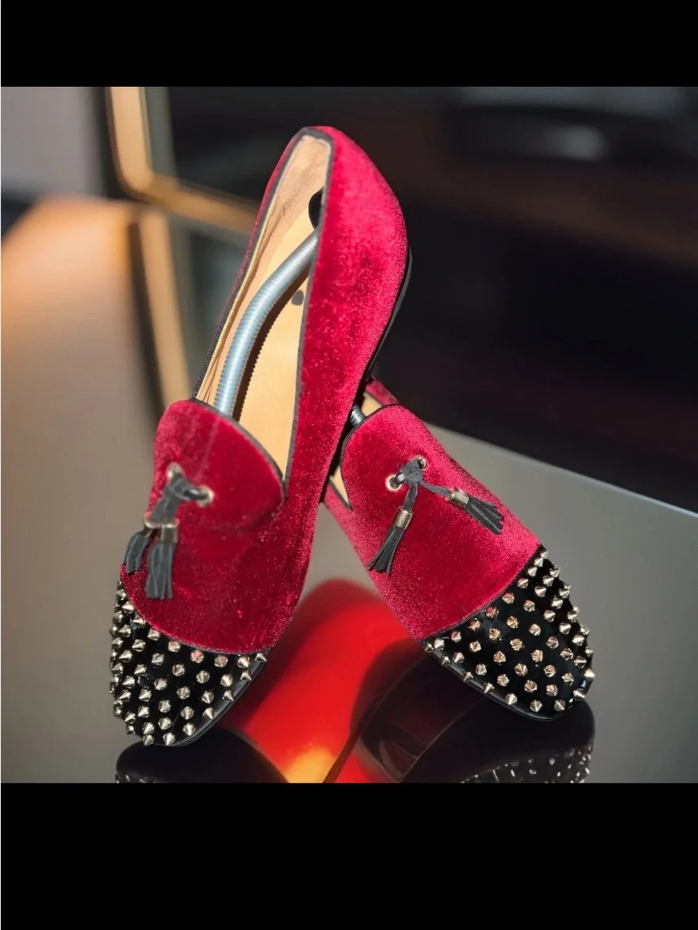 Red Velvet Studded Loafers Tassel Smoking Shoes Size 13 Wedding Formal Men